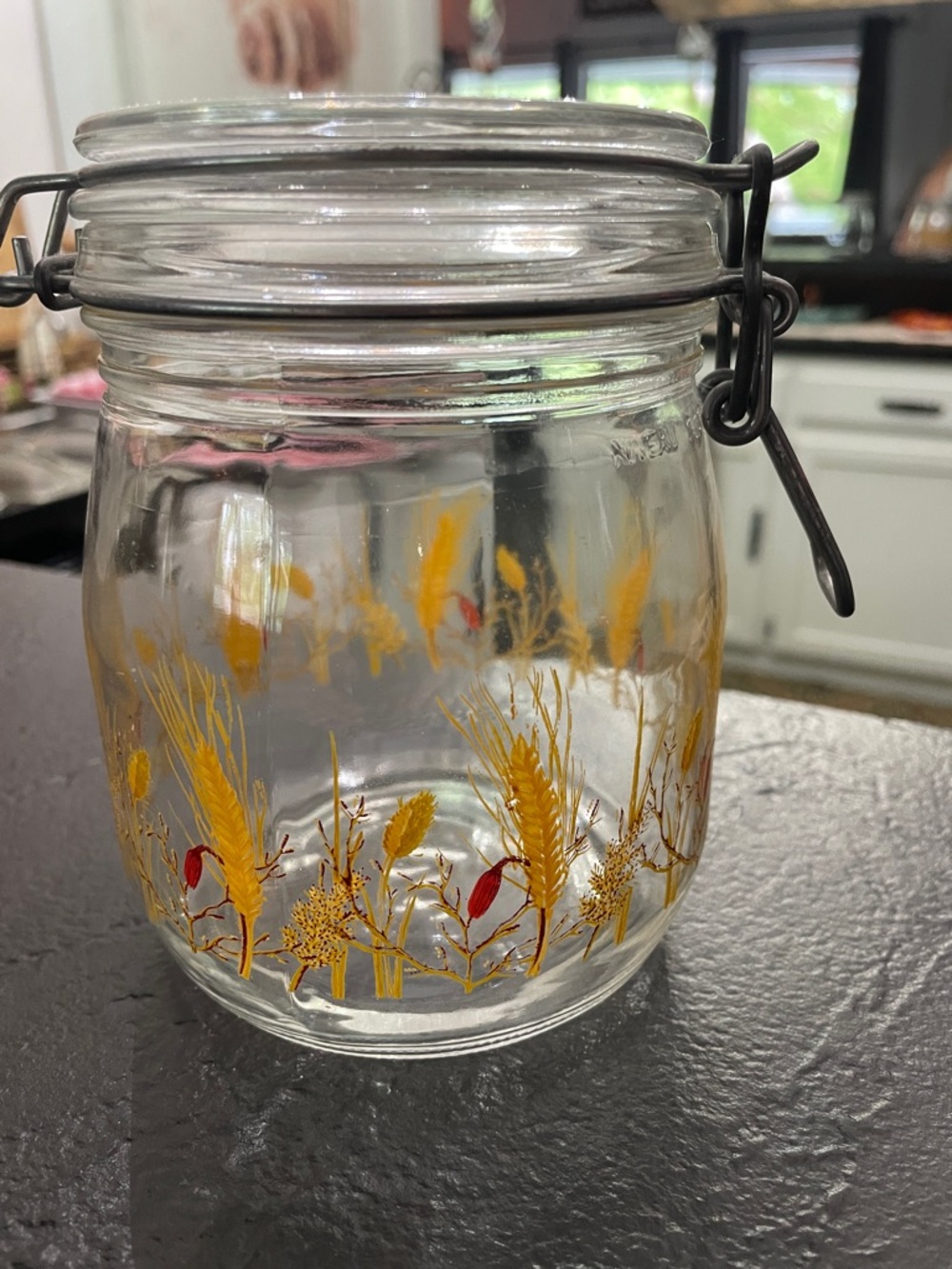 Arc France 1970’s Clear Glass Pantry Jar with Yellow Wheat Motif 5 1/2 x 4
